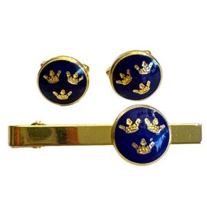 Vintage Swedish Tre Kronor Cufflinks & Tie Bar/Clip Cobalt Blue Enamel 3 Crowns